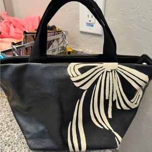 Kate Spade Vintage Black Leather with Large Printed Cream Bow Small Top Handle